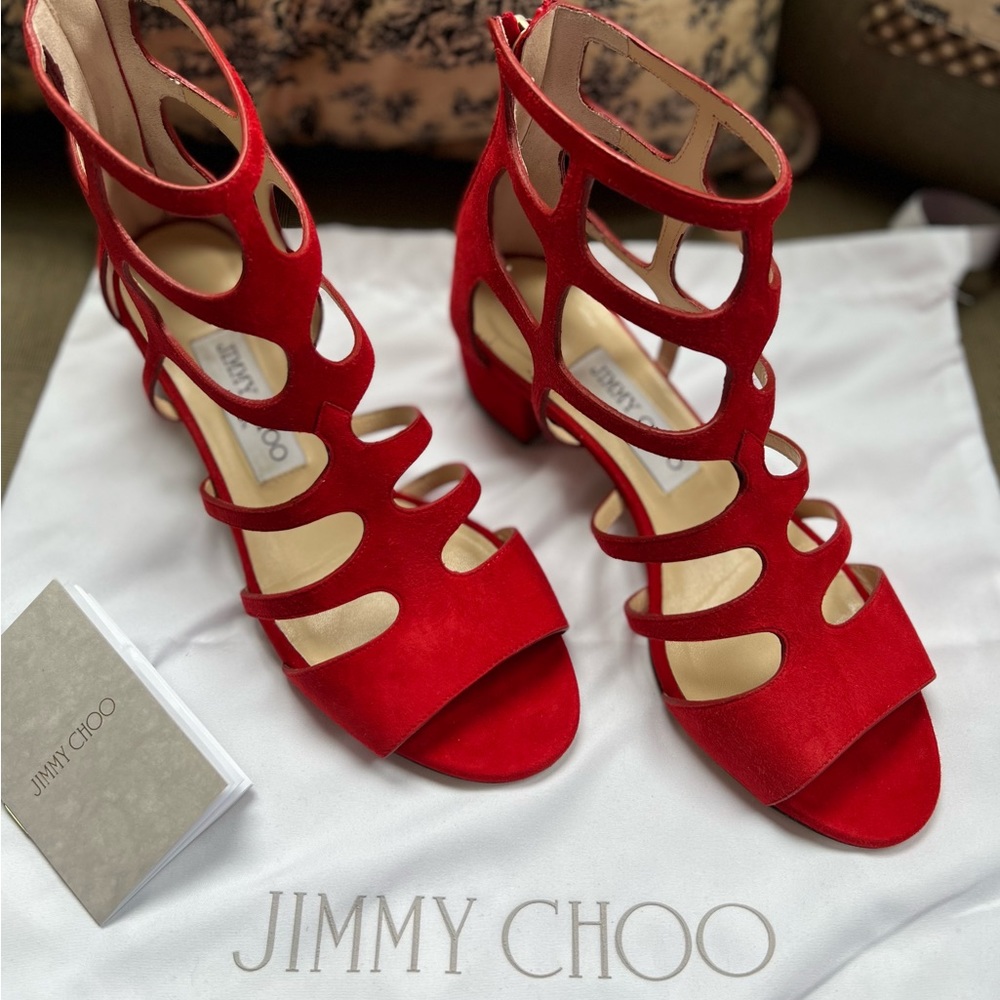 JIMMY CHOO Ren 35MM Red Suede Cage Sandals Zipper Shoes Heels Gladiator37 6.5 7